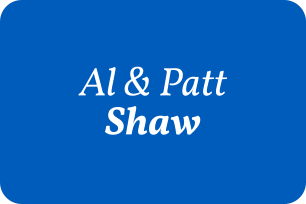 Al and Patt Shaw&#39;s name in white on a stormy blue background.