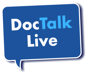 Doc Talk Live Logo of a square word bubble withe the words &#39;Doc Talk Live&#39; inside.