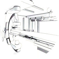 Black and white rendered image of the updated technology in the proposed cath labs.