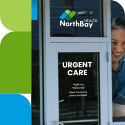 Shot of the entrance to our urgent care location in Vacaville with new vinyls of the windows featuring NorthBay&#39;s new look and logo.