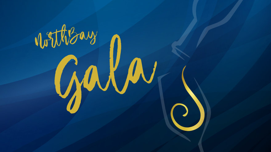 Swirls of different shades of blue create the backdrop for a stylized outline of a wine bottle pouring a golden swirl of wine into a cup. The words NorthBay Gala appear in gold text to the left of the wine glass.